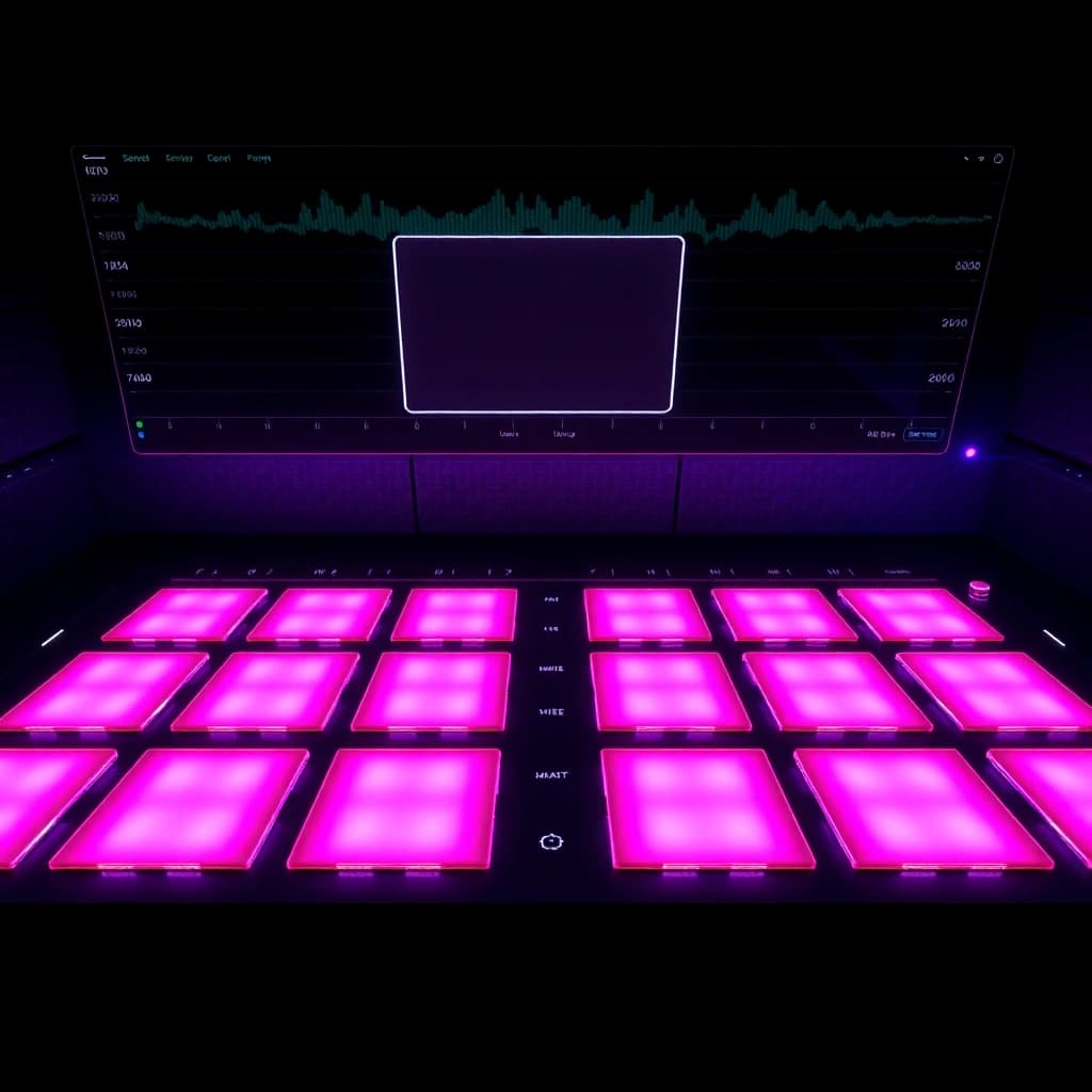 AI beat maker app interface showing glowing pads and waveform timeline