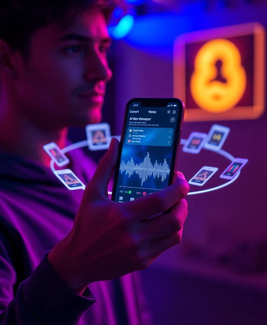 Creator using the BeatBot AI music app to generate a song from a prompt on iPhone