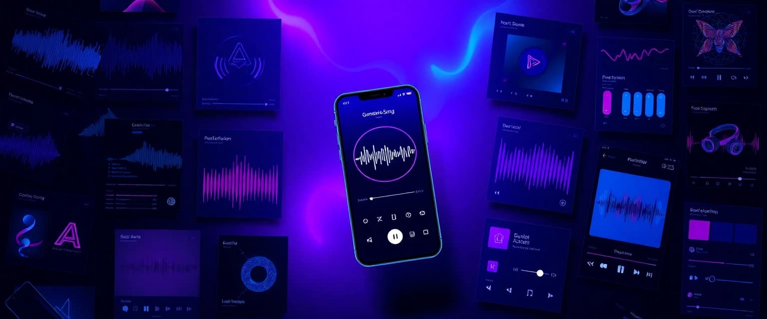 BeatBot AI music generator app collage with floating song cards and beat maker visuals